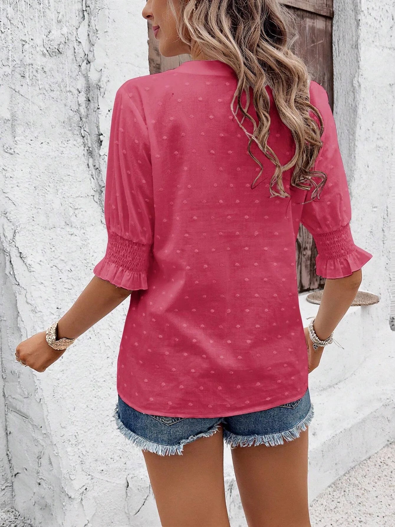 Women's Blouse Floral Embroidery Lace Summer Casual Solid Color Swiss Dot Eyelets V-neck Puff Shirred Half Sleeve T-shirt Tops