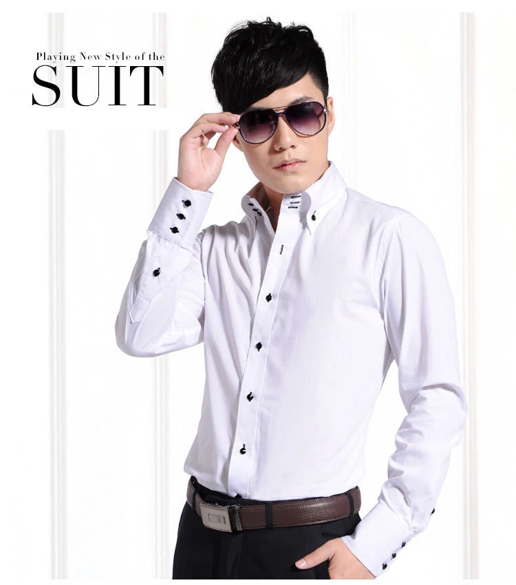Men's Dress Shirt Button-down Collared Long Sleeve Formal Business Casual Shirt Korean Fashion Slim Fit Designer Shirts White