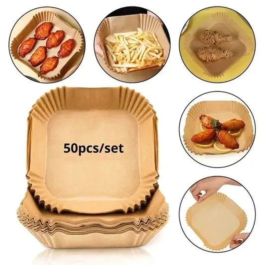50pcs/set Air Fryer Papers Disposable Oil-proof Water-proof Liners Non-Stick Mats Baking Paper Trays Kitchen Cooking Accessories