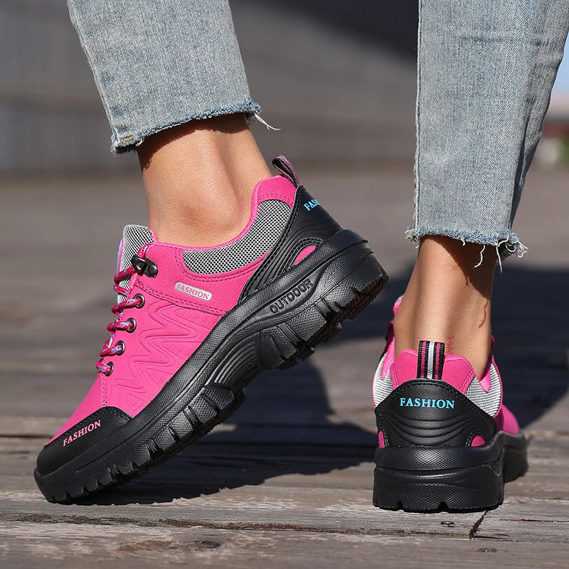 Ladies' Outdoor Hiking Shoes with Black and Pink Non Slip Soles Fashionable Sports Shoes Breathable Mesh Running Hiking Boots