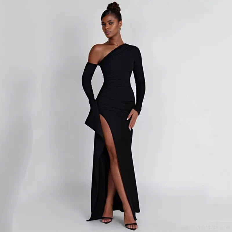 Sexy Diagonal Shoulder Black Dress Fashion Elegant Long Sleeve Split Women Dress Spring Party Evening Long Dress Vestidos