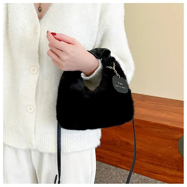 Women Faux Fur Plush Handbags Ruched Handle Small Lady Shoulder Crossbody Bag Casual Tote Half-Moon Hobos Winter Bags for Women