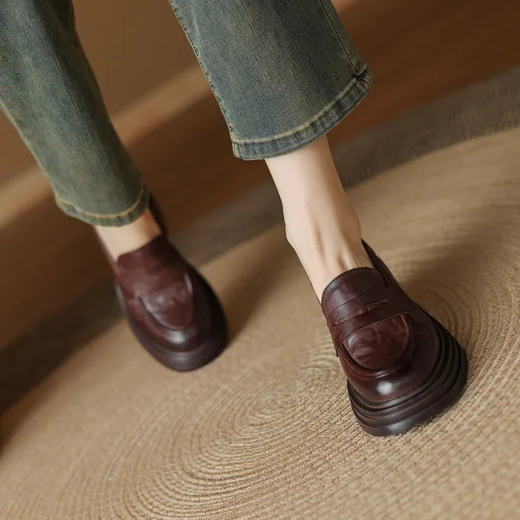 Women Chunky Heel Genuine Leather Wedge Shoes Woman Platform Pumps Female High Heel Zapatos Mujer Handmade thick sole Loafers