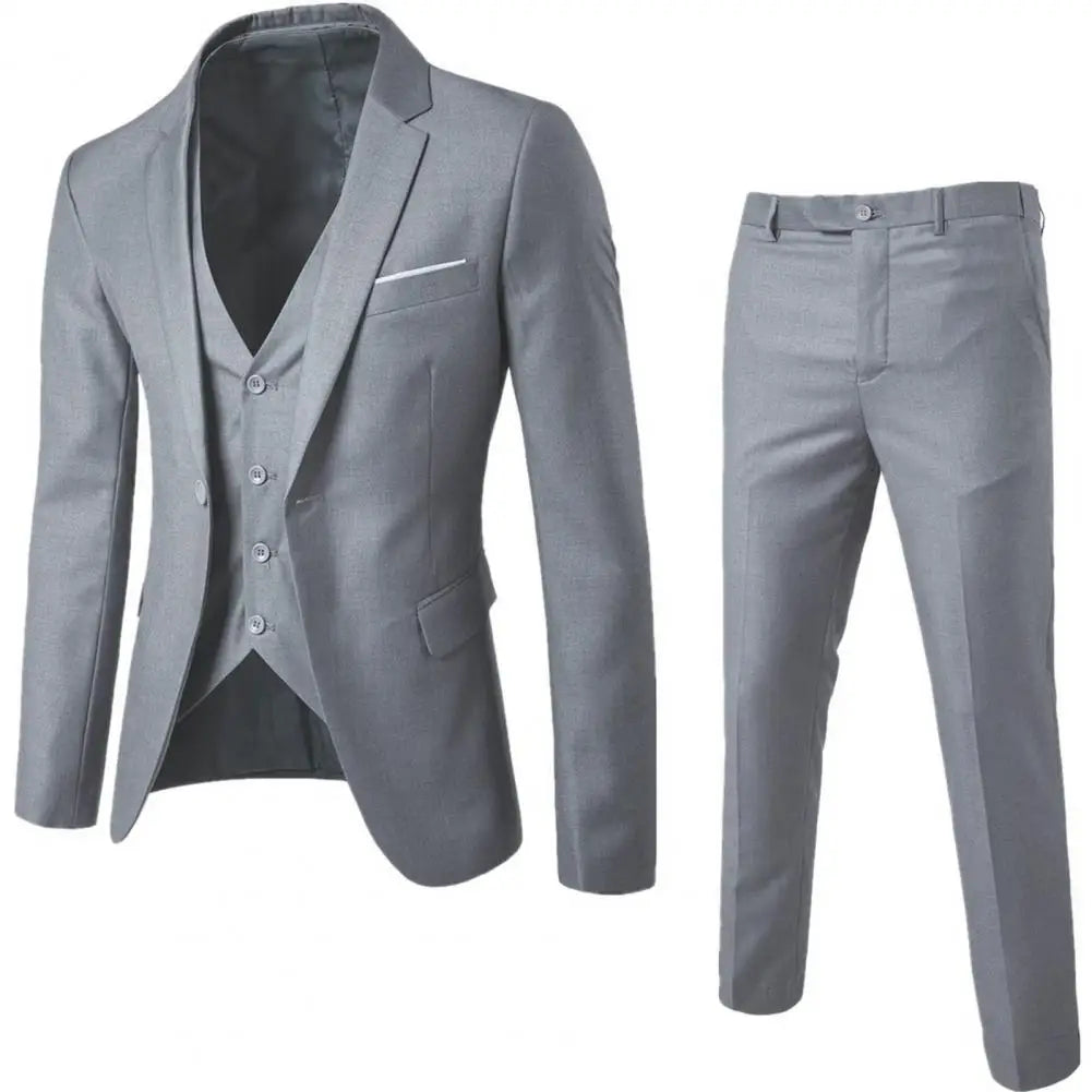 Men Three piece Suit Formal Business Suit Pants Set Solid Color Slim Fit Turn down Collar Anti wrinkle Groom Wedding Suit