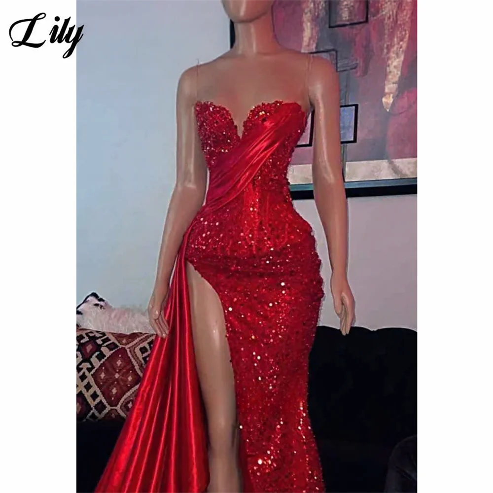 Lily Red Shiny Formal Dresses Sequined Sweetheart Neckline Satin-Drape Party Dresses with High Slit and Lace-Up Back Customized