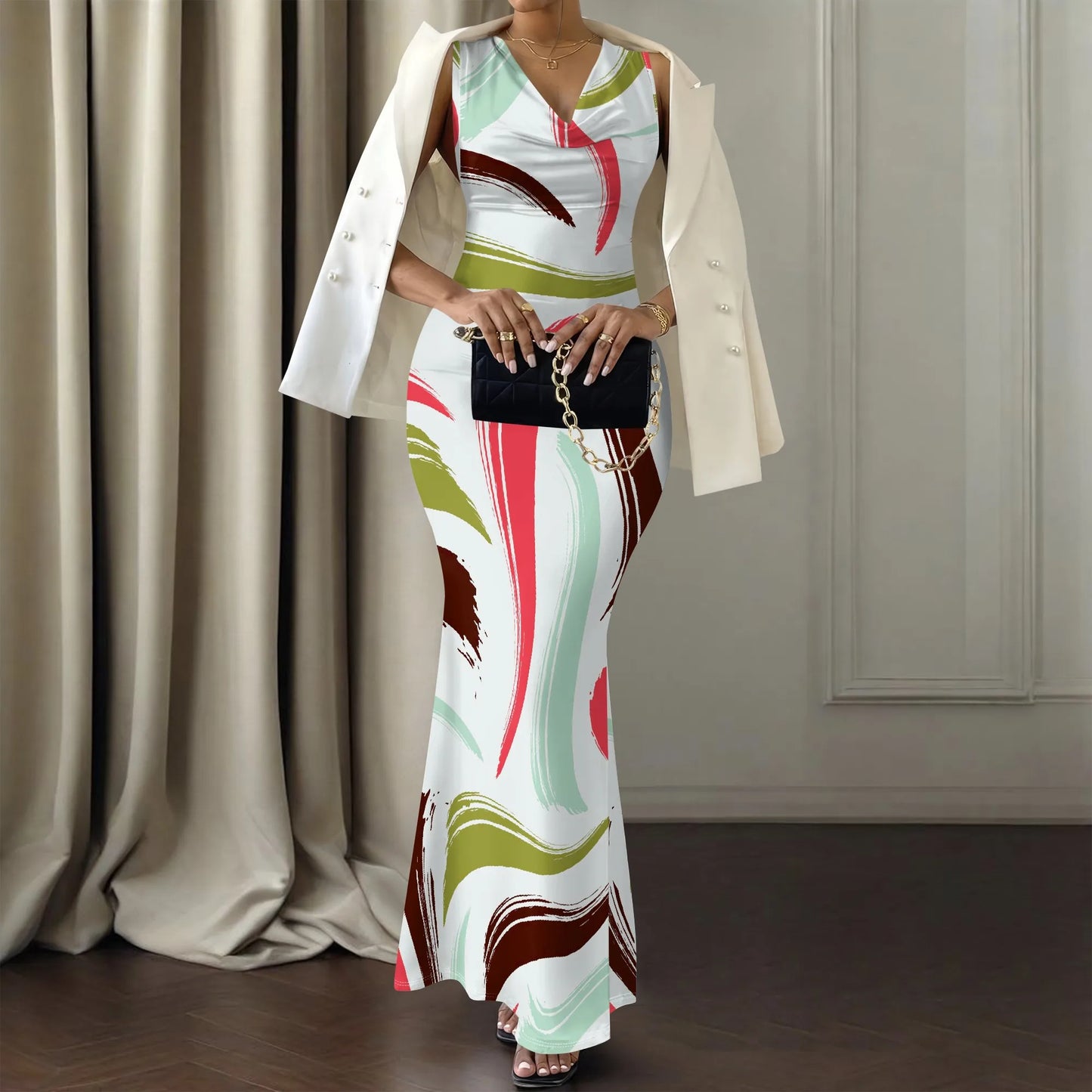 Womens Sexy Casual Dresses Colorful Geometric Off-Shoulder Maxi Dress  Artistic Party Evening Resortwear Swing Neck Dress