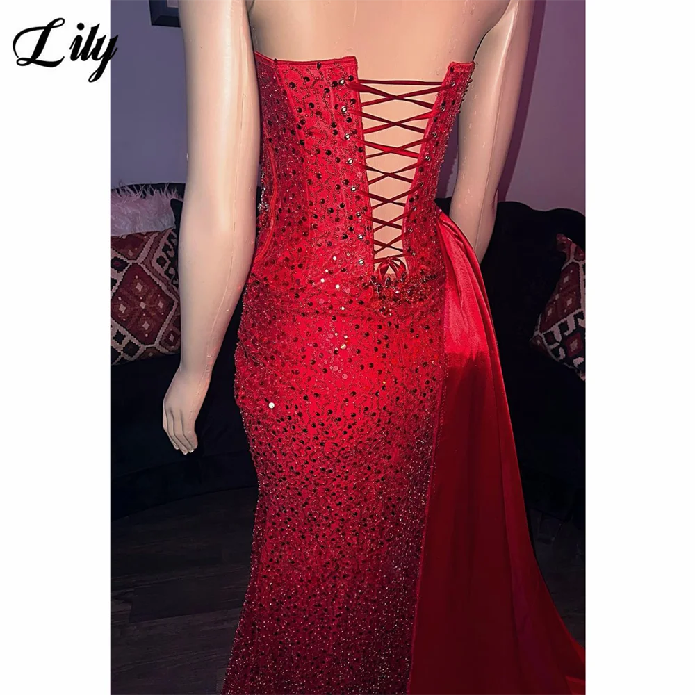 Lily Red Shiny Formal Dresses Sequined Sweetheart Neckline Satin-Drape Party Dresses with High Slit and Lace-Up Back Customized