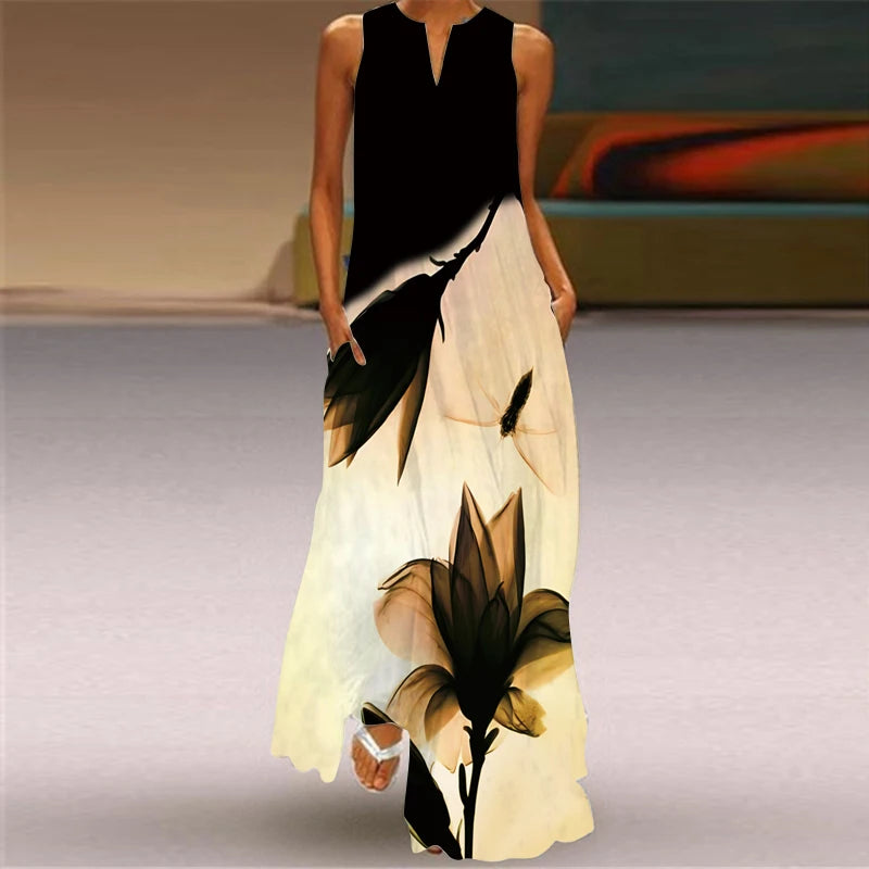 Elegant Dresses for Woman 3D Printed Dresses Summer Sleeveless V-Neck Long Dress Ladies Casual Elegant Beach Party Maxi Dresses