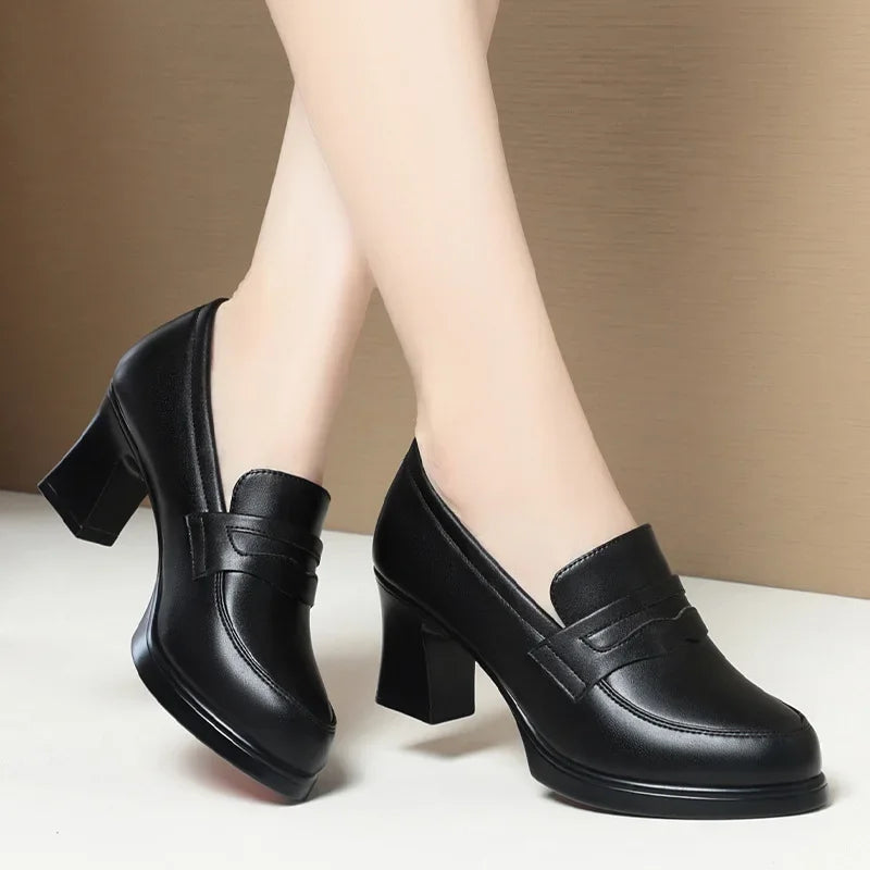 High Heels for Women 2025 Spring Slip on Pointed Toe Platform Heels Chunky Loafers Woman Black PU Leather Uniform College Shoes