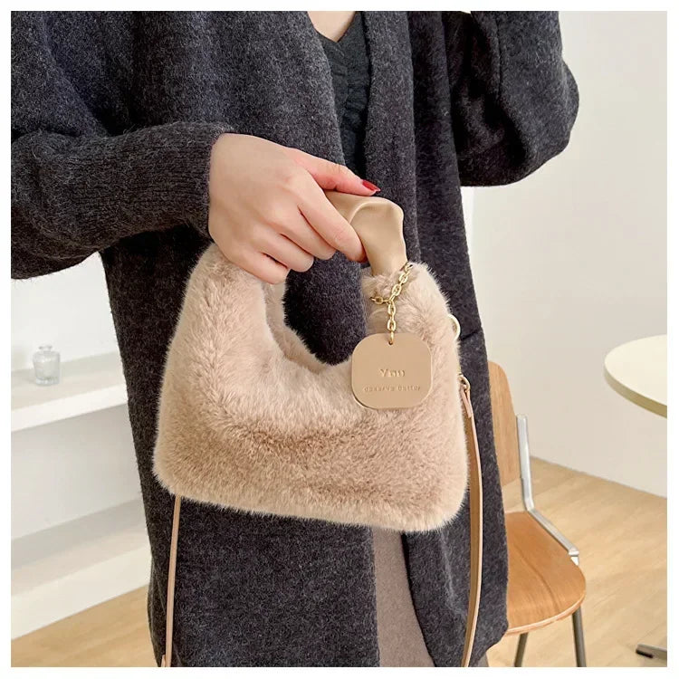 Women Faux Fur Plush Handbags Ruched Handle Small Lady Shoulder Crossbody Bag Casual Tote Half-Moon Hobos Winter Bags for Women