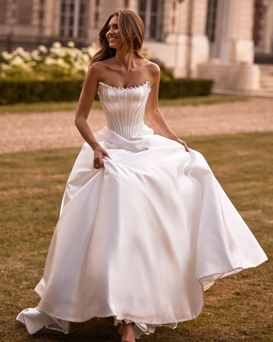 High Quality Satin Strapless A-Line Wedding Dress with Pearl Puffy Taffeta Long Bridal Gown Plus Size Ball Gown Wedding Dress ﻿