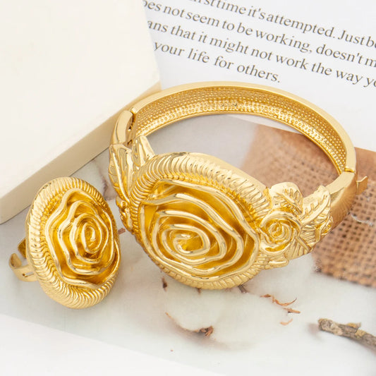 Brazilian Plated Bangle with Ring Jewelry for Ladies Exquisite Flower Design Hand Bracelet Finger Ring 2Pcs Set for Party