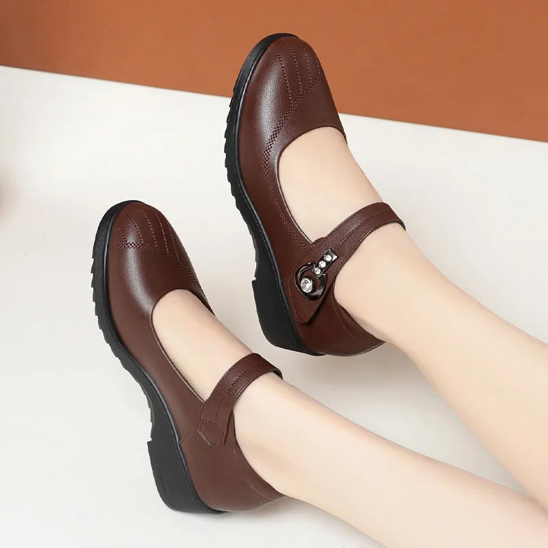 Women's Wedge Anti-slip  Ankle Strap Casual Office Comfortable Soft Leather Shallow Mouth Mom Shoes  Middle-aged Elderly