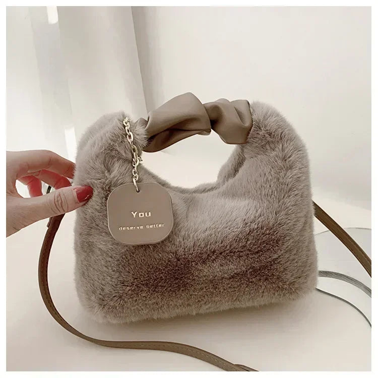 Women Faux Fur Plush Handbags Ruched Handle Small Lady Shoulder Crossbody Bag Casual Tote Half-Moon Hobos Winter Bags for Women