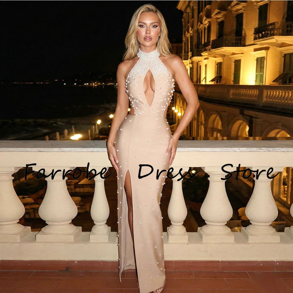 Customized Saudi Dress Sleeveless Wedding Party Dresses Floor Length Mermaid O Neck Women's Evening Dresses Beading Prom Dress