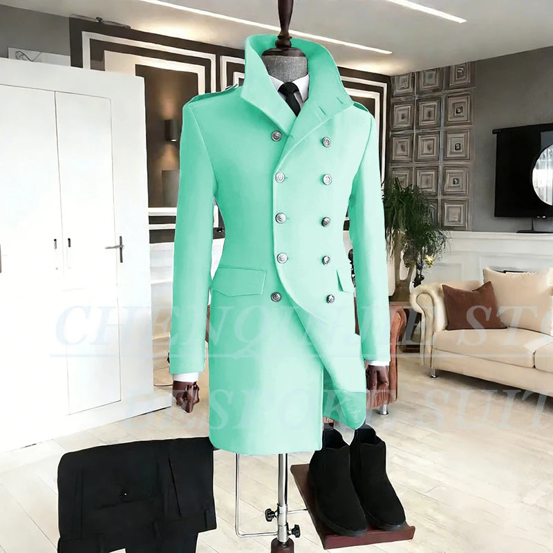 Casual Men's Suits 2 Piece Jacket Pants Grey Double Breasted Stand Lapel Luxury Blazer