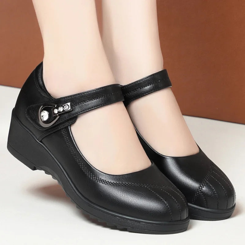 Women's Wedge Anti-slip  Ankle Strap Casual Office Comfortable Soft Leather Shallow Mouth Mom Shoes  Middle-aged Elderly