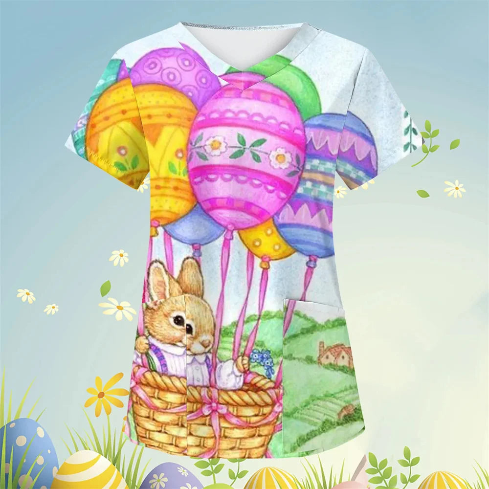 Scrubs Medical Uniforms Cute Cartoon Bunny Print High Quality Medical Uniforms for Women Short Sleeve Dental Medical Uniforms