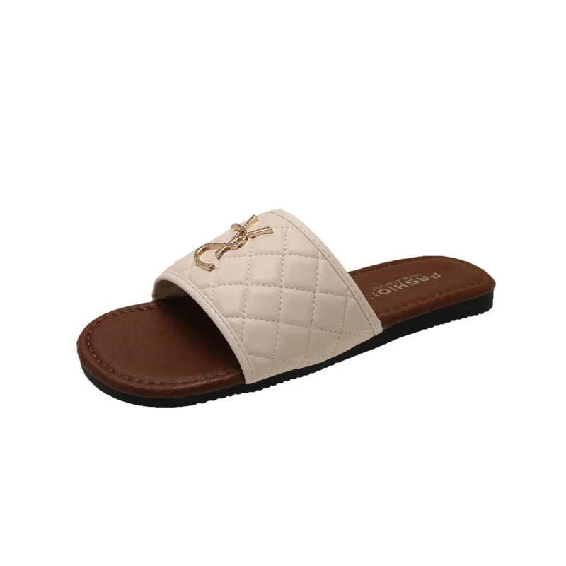 New Women's Sandals Recreational Design Summer Flat Slippers Fashion Outdoor Non-slip Metal Decorative Slippers Zapatos De Mujer