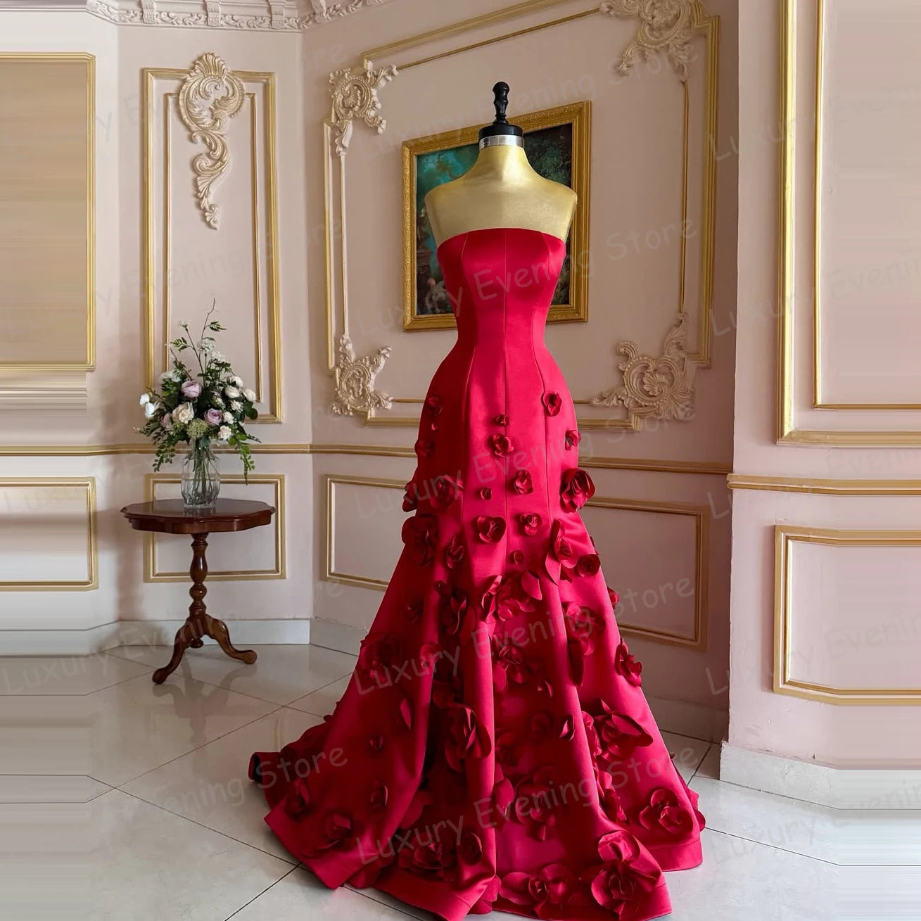 Luxury Red Evening Dresses Sexy 3-D Flowers Sleeveless Strapless Elegant Prom Gowns Party Customized Fashion Vestidos De Noche