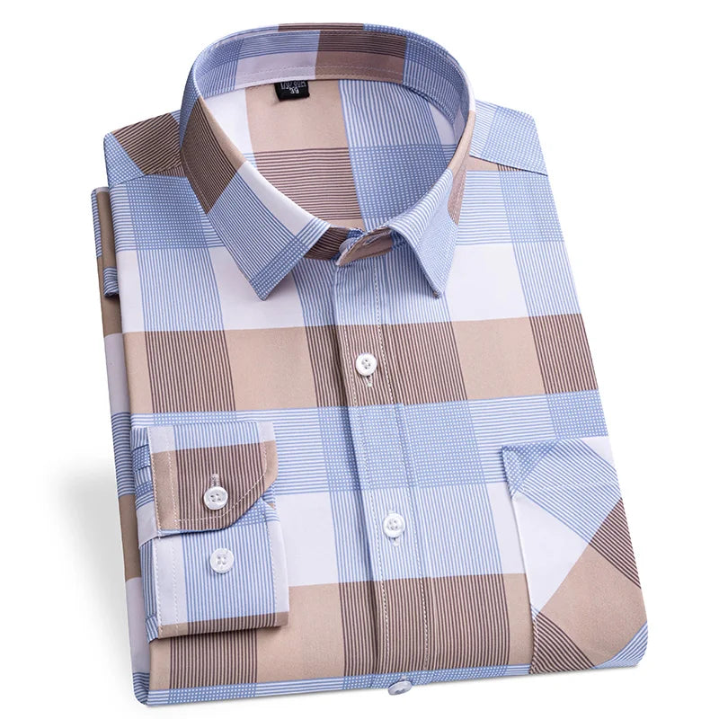 Men's Dress Shirts Spring Autumn Latest Hot Sale Non-iron Anti-wrinkle Business Casual Print Thin Plaid Slim Fit chemise homme