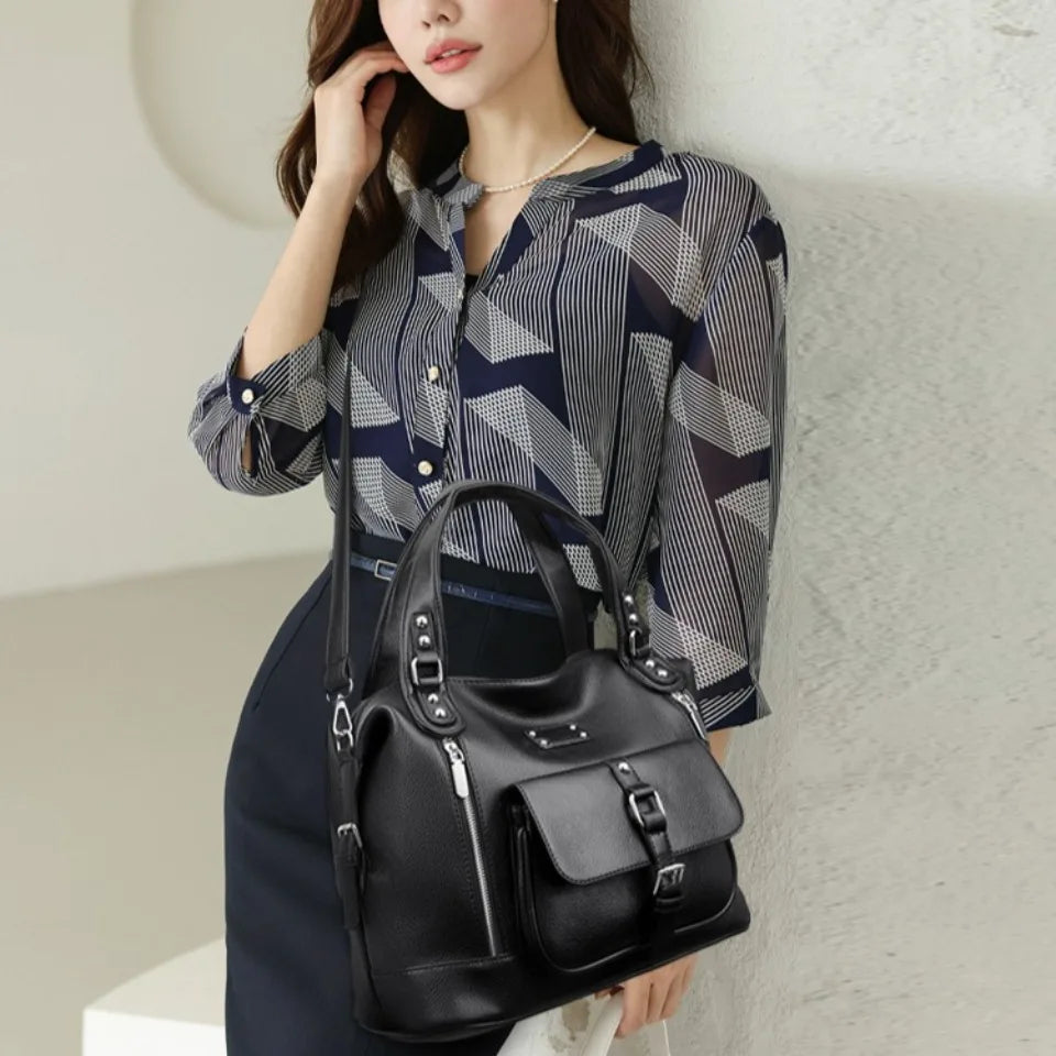 Women's Casual Tote Soft Leather Handbag Luxury Designer Shoulder Crossbody Hand Bag Ladies Shopping Sac Front Double Zipper