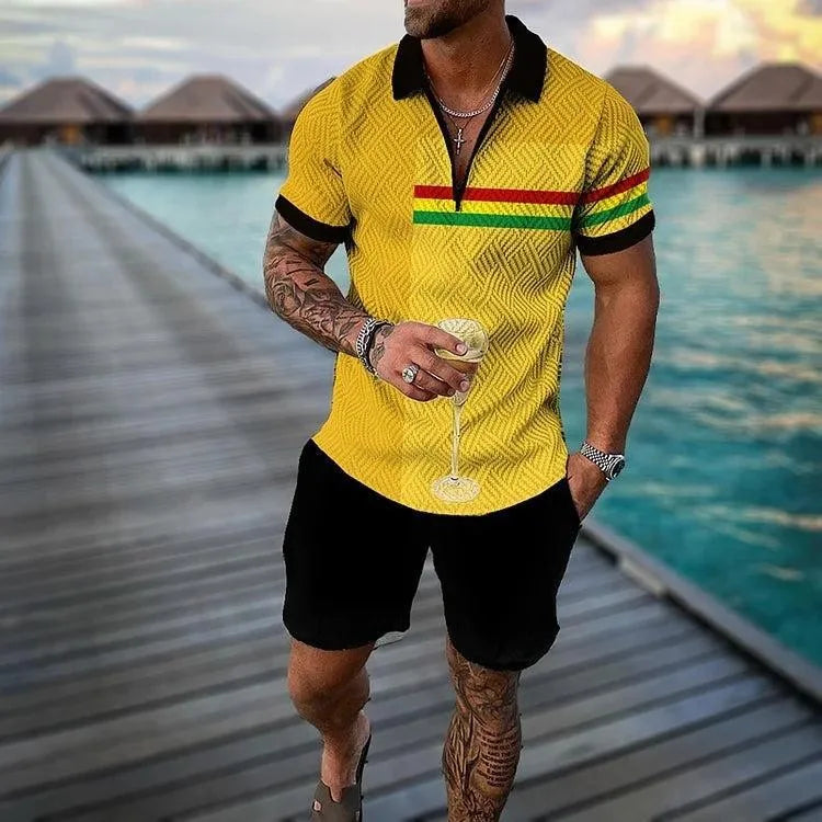Men's Polo Tracksuit Set Summer Fashion Men Short Sleeve Zipper Polo Shirt&Shorts Set for Men Casual Streetwear 2 Piece Suit