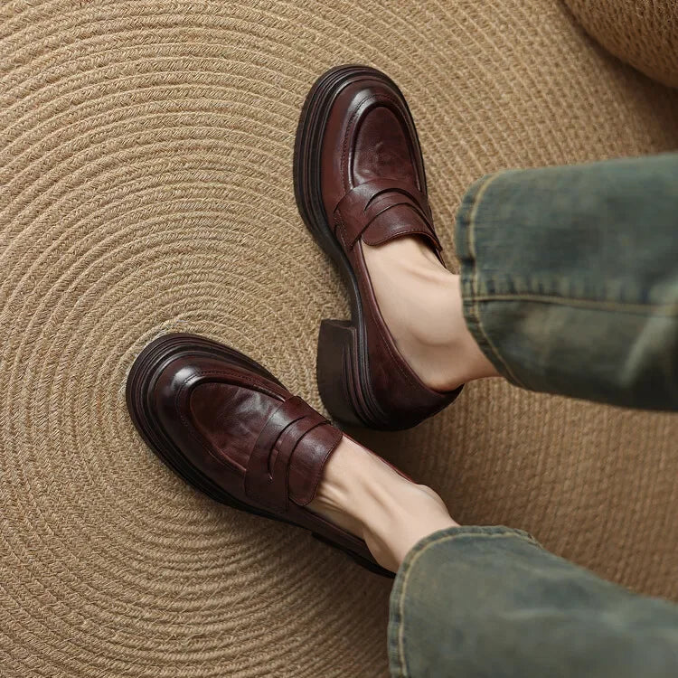 Women Chunky Heel Genuine Leather Wedge Shoes Woman Platform Pumps Female High Heel Zapatos Mujer Handmade thick sole Loafers