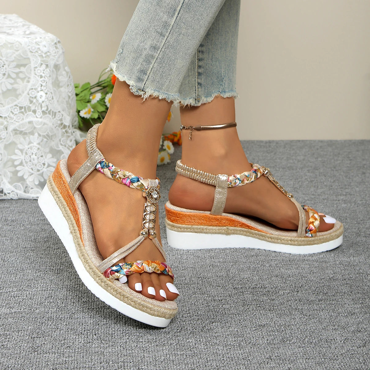 Women Wedge Sandals Summer 2024 Braided Band Platform Gladiator Sandals Woman Thick Bottom Beach Shoes Women Sandalias De Mujer