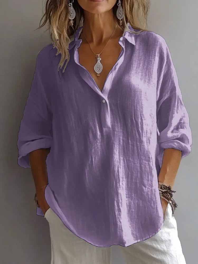 Women Cotton Linen Blouse Long Sleeve Turn Down Collar Solid Color Casual Loose Shirt Summer Breathable Office Lady Tops