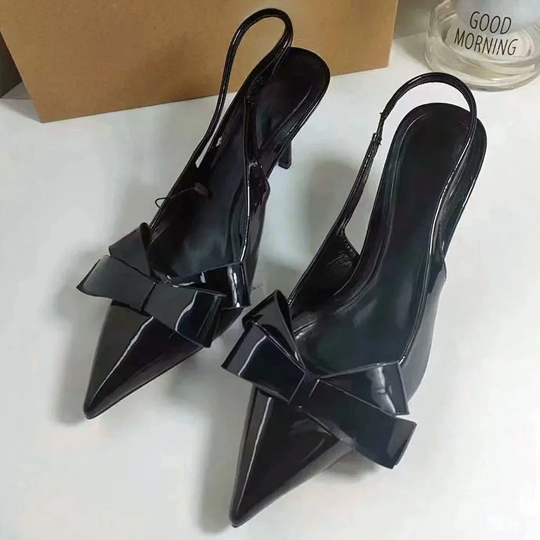 2025 Summer High Heel Sandals for Lady Pointed Toe Sexy Fashion Black Stilettos Bow Decoration Brand Designer Women Dress Shoes