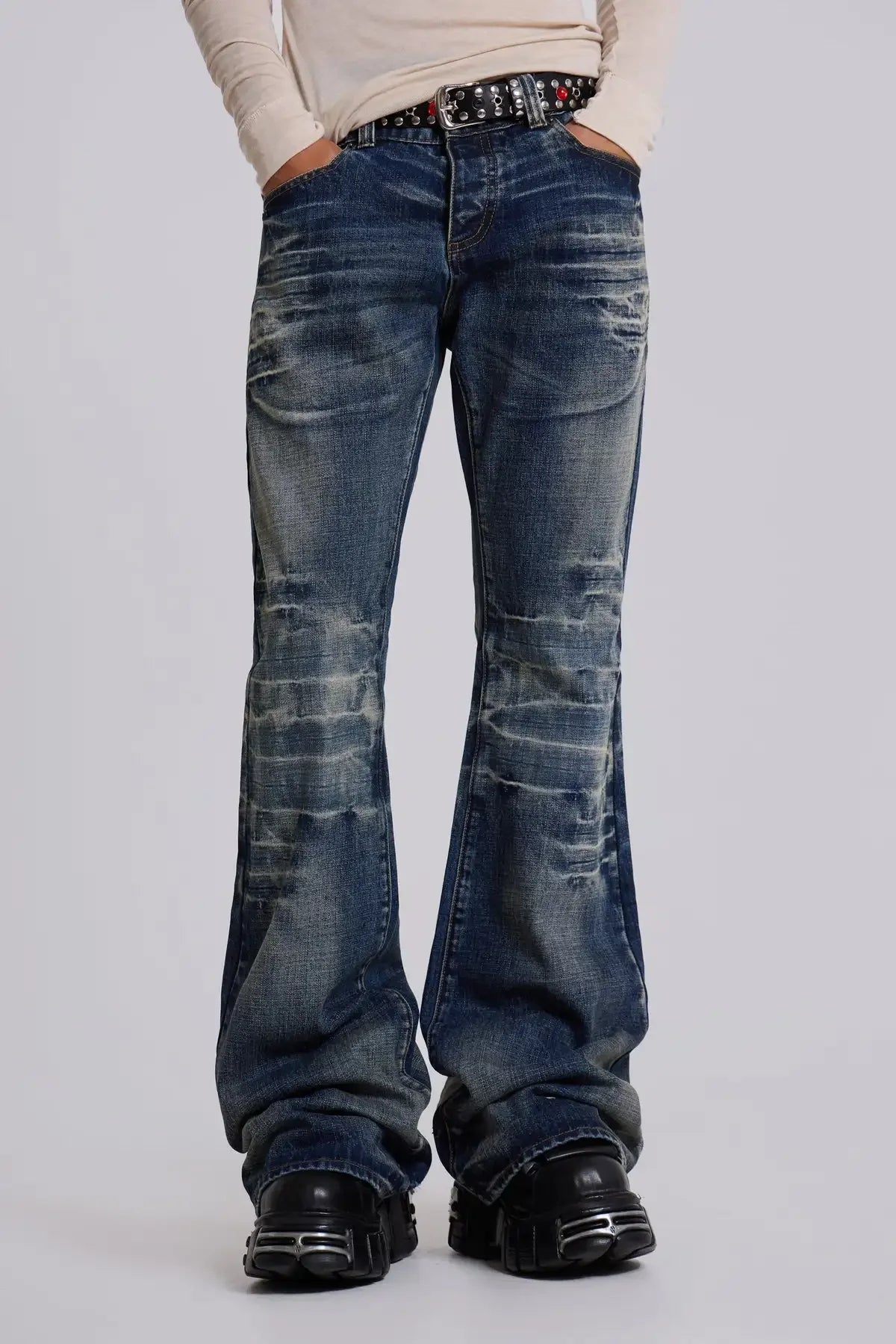 Y2K Mid Blue Flared Jeans Vintage Washed Men Women Bootcut Jeans Gothic High Street Unisex Streetwear Retro Baggy wide leg Pants