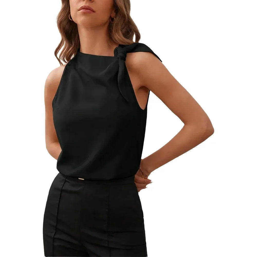 Women's Blouse Spring Summer Black Satin Halter Neck Shoulder Knot Sleeveless Elegant Sleek Daily Office Top