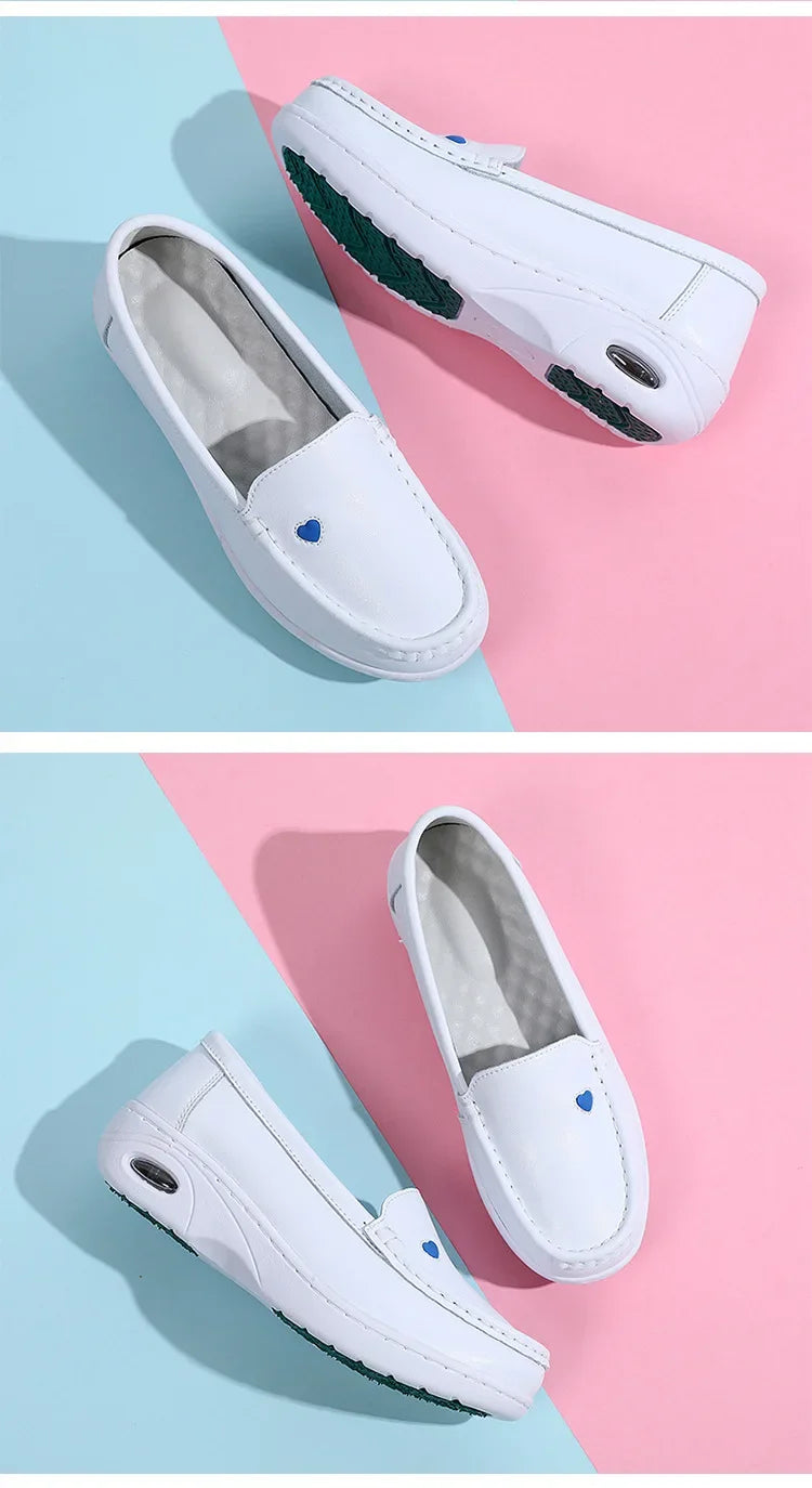 2025 New Women Flat Leather Shoes Casual White Wedge with Soft Bottom Love Heart Comfortable Mom Nurse Work Shoes Zapatillas