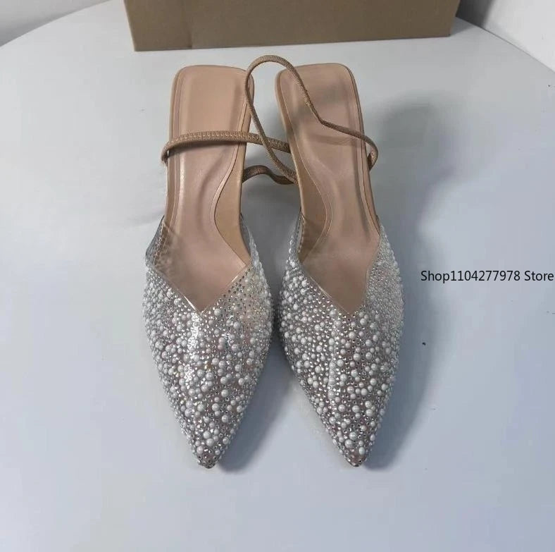 2025 Women's High Heeled Sandals Transparent Pointed Toe Elegant Ladies Fashion Shoes Pearl Decoration Slingback Sandal Size 42