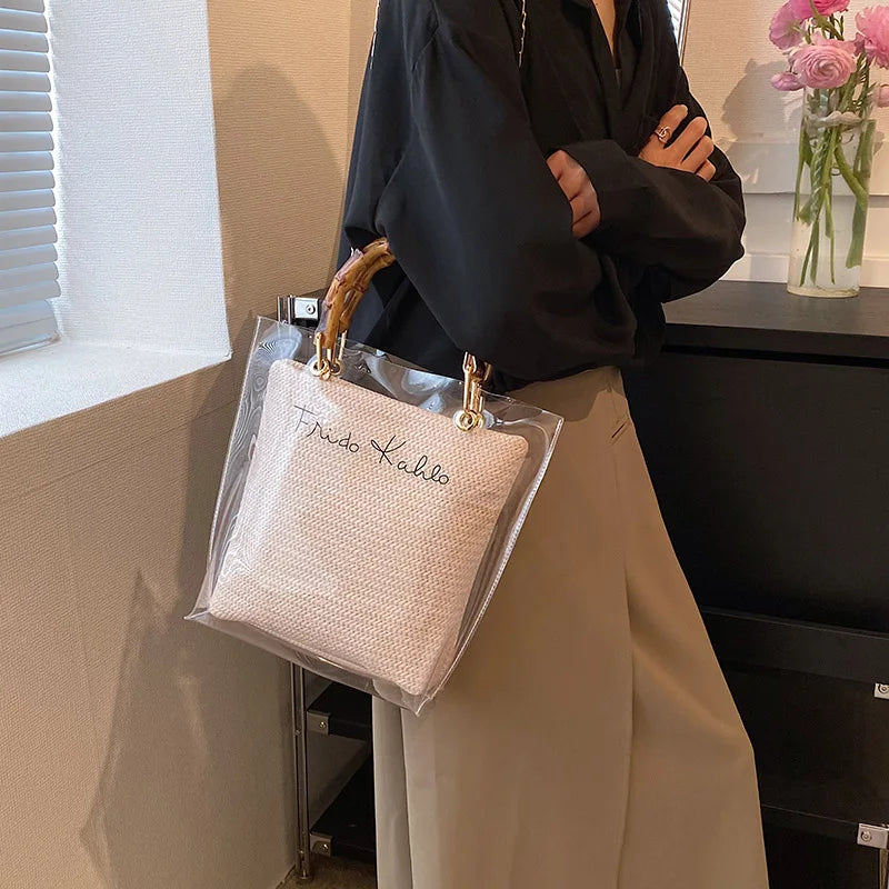 Large Capacity Women PVC Handbags High Quality Ladies Transparent Beach Tote Shoulder Messenger Bags Casual Chain Crossbody Bag