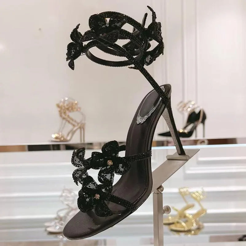 Sandalias Women Rhinestone Flower Decor Dress Shoes Snake Shaped Elastic Strap Thin High Heels Sandals Summer Bridesmaid Shoes