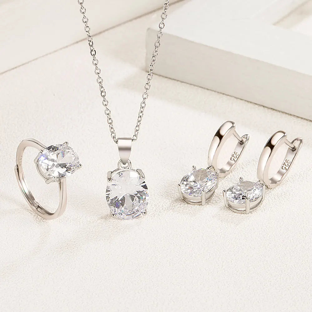 925 Sterling Silver Jewelry Sets For Women Ellipse Zircon Ring Necklace Earrings Luxury Accessories Gifts