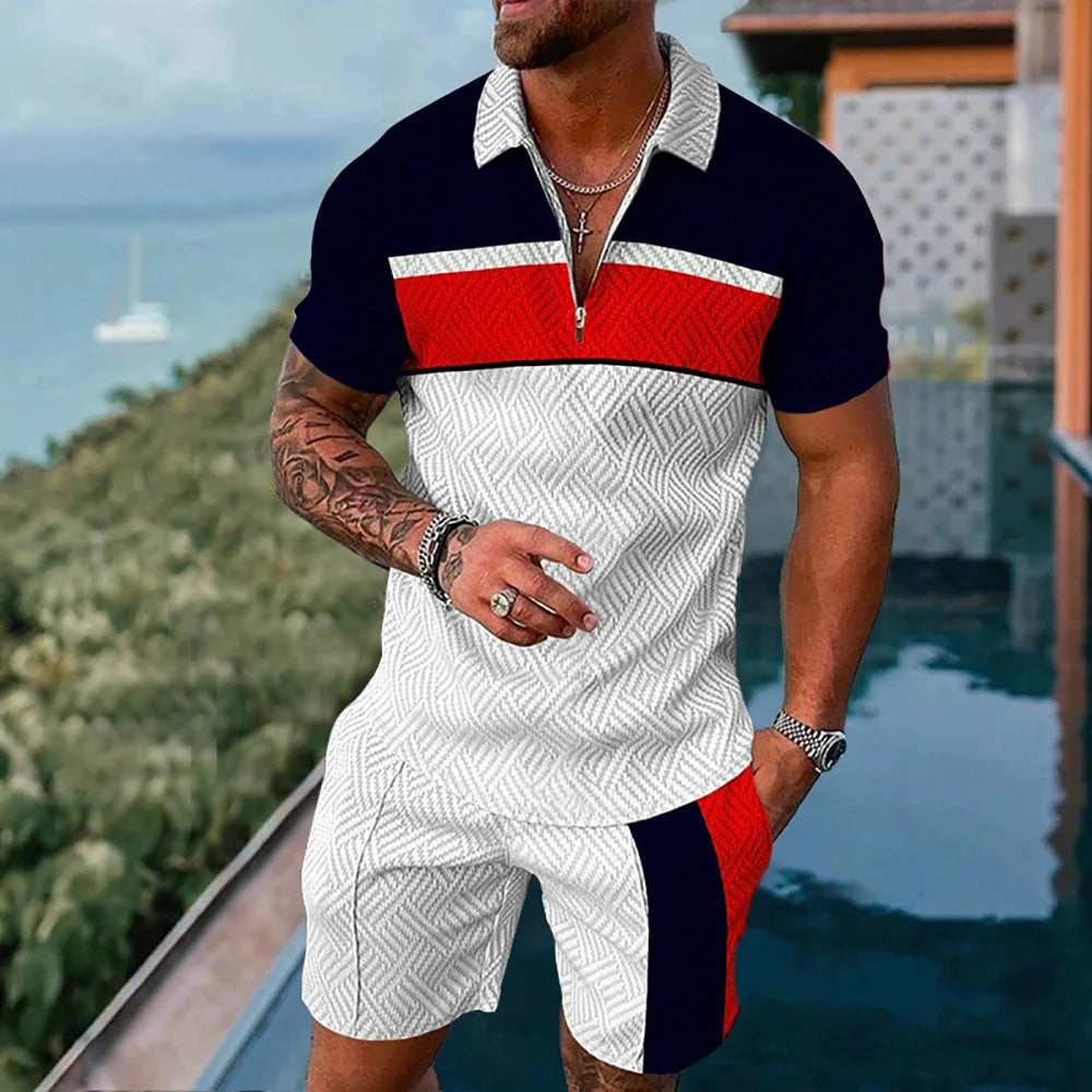 Men's Polo Tracksuit Set Summer Fashion Men Short Sleeve Zipper Polo Shirt&Shorts Set for Men Casual Streetwear 2 Piece Suit