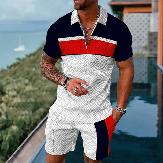 Men's Polo Tracksuit Set Summer Fashion Men Short Sleeve Zipper Polo Shirt&Shorts Set for Men Casual Streetwear 2 Piece Suit