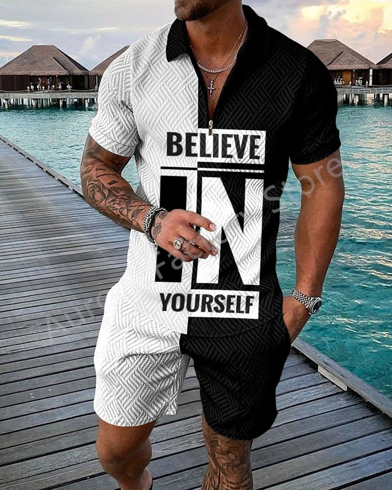 Men's Polo Tracksuit Set Summer Fashion Men Short Sleeve Zipper Polo Shirt&Shorts Set for Men Casual Streetwear 2 Piece Suit