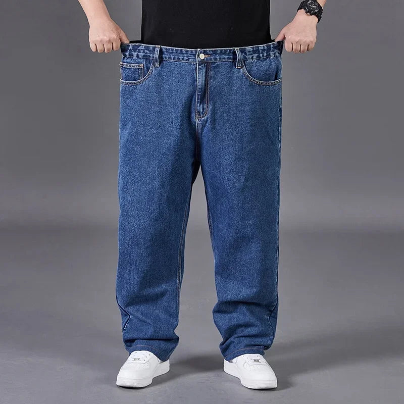 Autumn Thin Denim Jeans Men Plus Size Loose Straight Leg Sport Pants Fat Guy Elastic Long Trendy Trousers Black Grey Blue Jeans