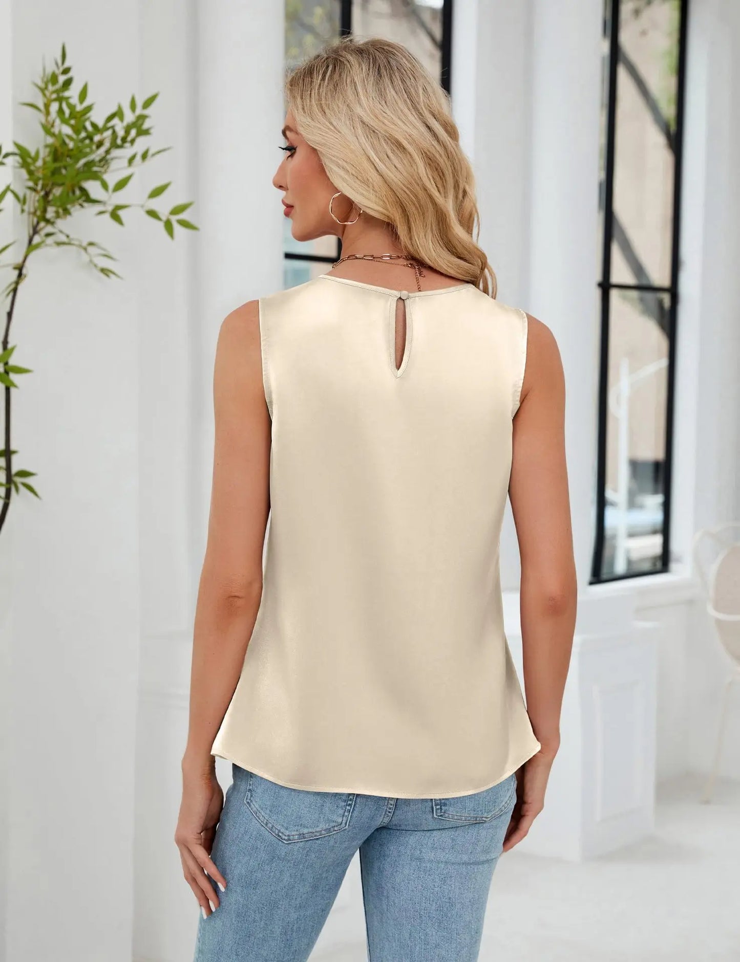 Womens Satin Pleated Sleeveless Blouse Round Neck Casual Office Wear Multiple Colors Available