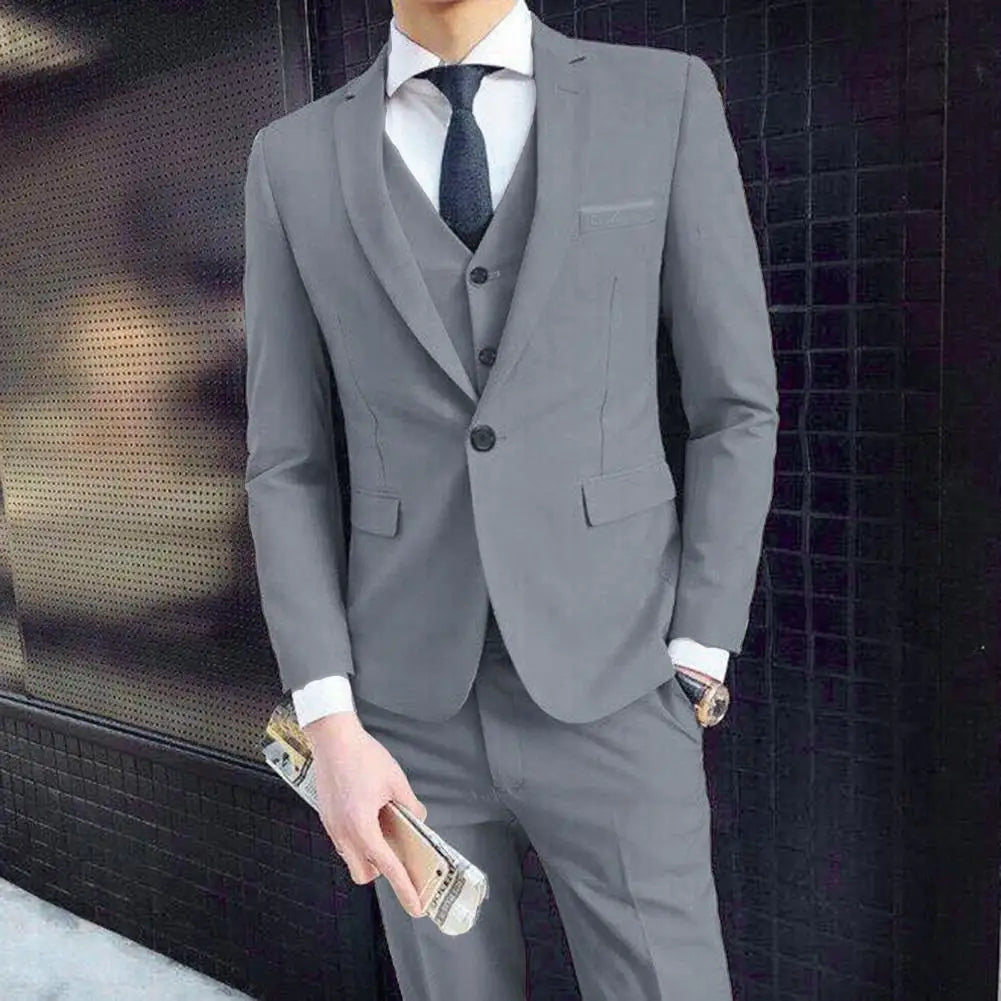 Men Three piece Suit Formal Business Suit Pants Set Solid Color Slim Fit Turn down Collar Anti wrinkle Groom Wedding Suit