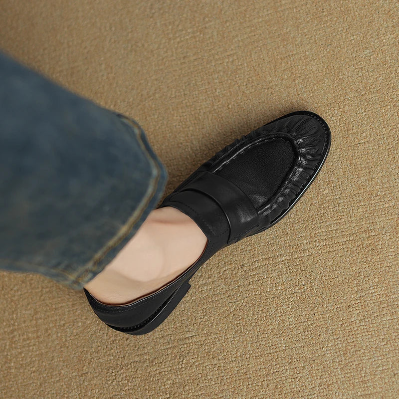 Women Shoes Spring Simple Shoes Soft Flats Slip On Girl Pleated Footwear Handmade Round Toe Genuine Leather Cozy Vintage Shoes