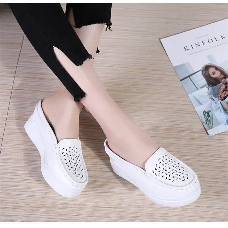 STRONGSHEN Women Slippers Casual Hollow Out Heel Wedge Thick Bottom Increase by 8cm Half Slippers Women's Non slip Fashion Shoes