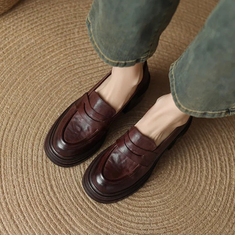 Women Chunky Heel Genuine Leather Wedge Shoes Woman Platform Pumps Female High Heel Zapatos Mujer Handmade thick sole Loafers