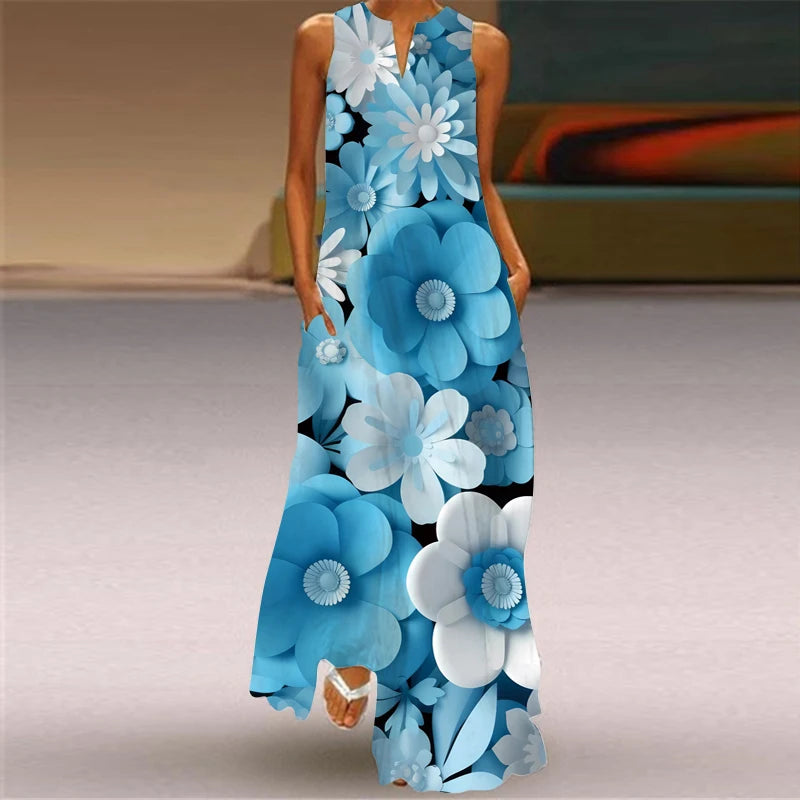 Elegant Dresses for Woman 3D Printed Dresses Summer Sleeveless V-Neck Long Dress Ladies Casual Elegant Beach Party Maxi Dresses