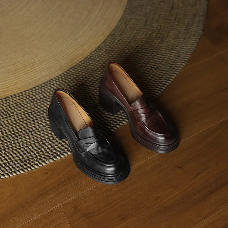 Women Chunky Heel Genuine Leather Wedge Shoes Woman Platform Pumps Female High Heel Zapatos Mujer Handmade thick sole Loafers