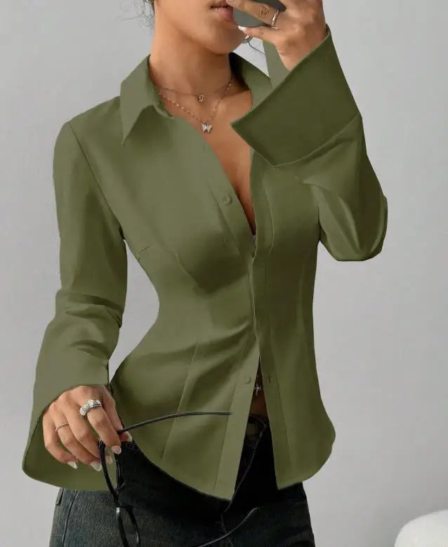 Women Blouse 2026 Spring Autumn New Solid Color Button Up Turn-Down Collar Long Sleeved Slim Fit Casual Cinched Waist Shirt Top